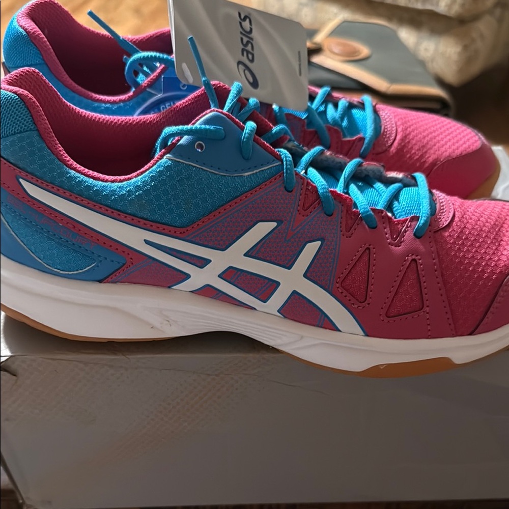 Asics Pink and Blue Athletic Shoes with Gradient Design